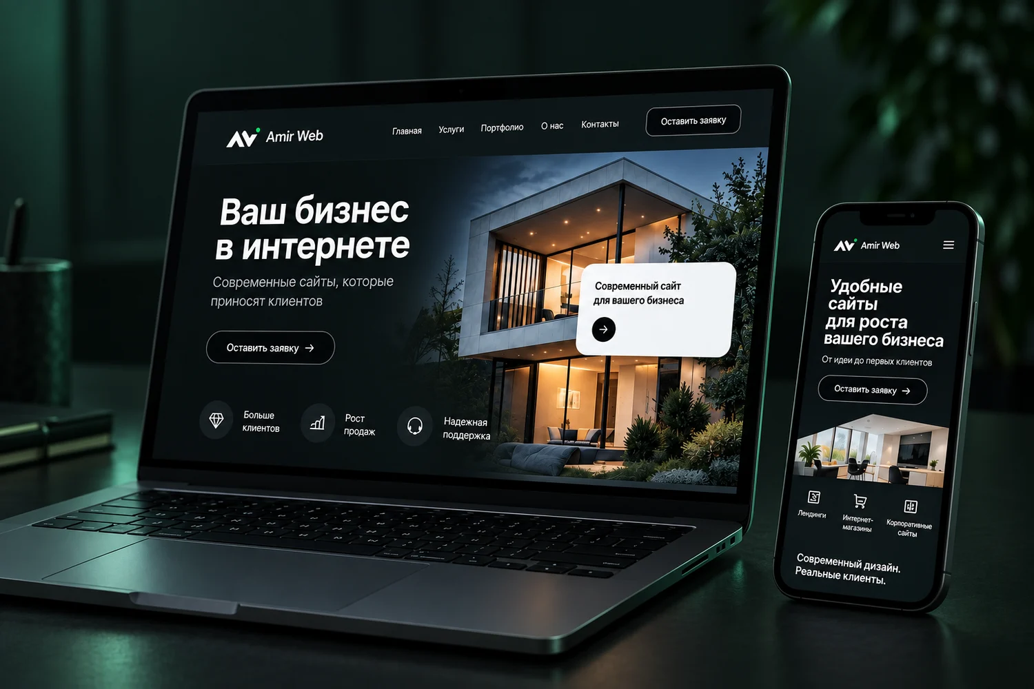 Сайт Amir Web на ноутбуке и смартфоне
