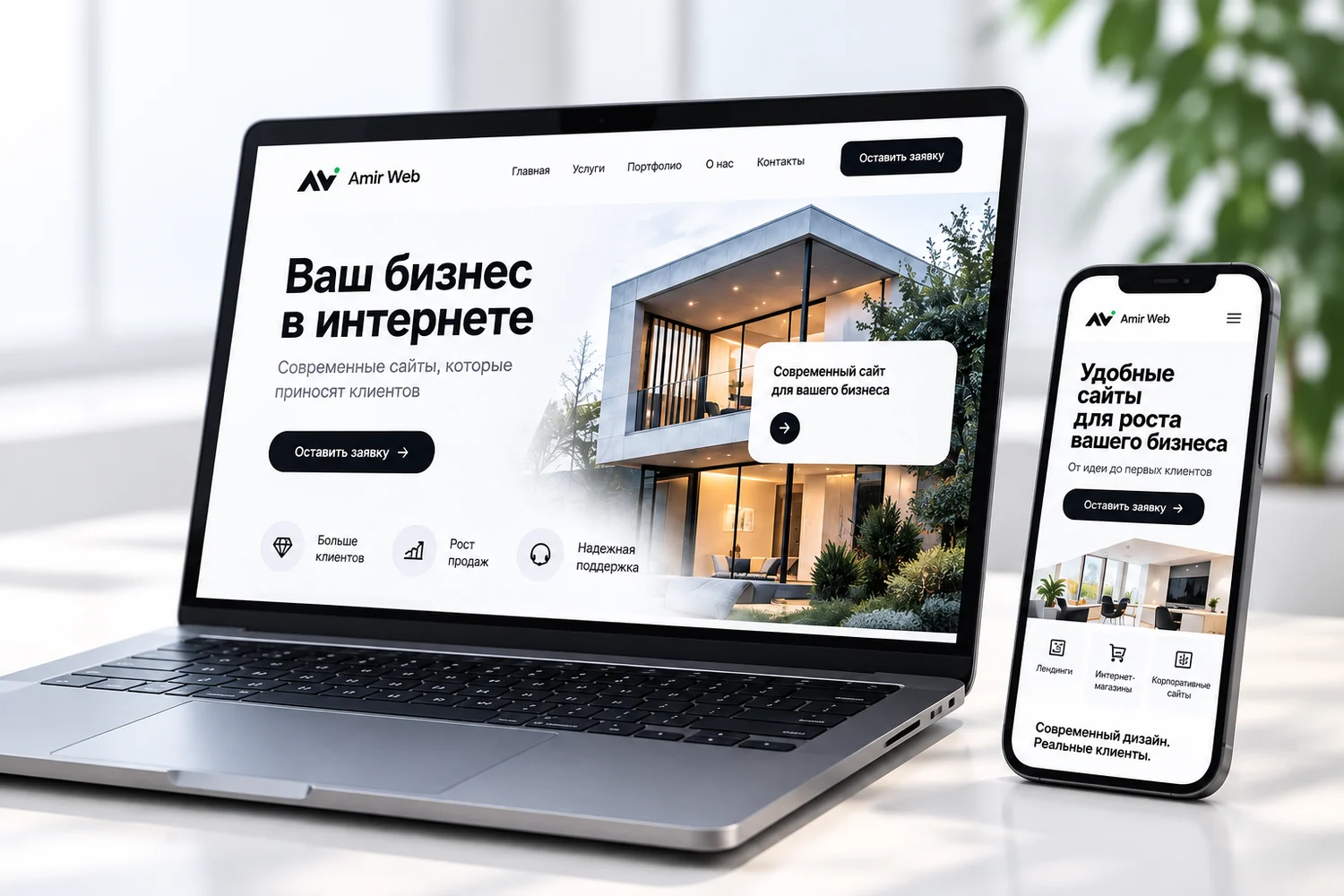 Сайт Amir Web на ноутбуке и смартфоне